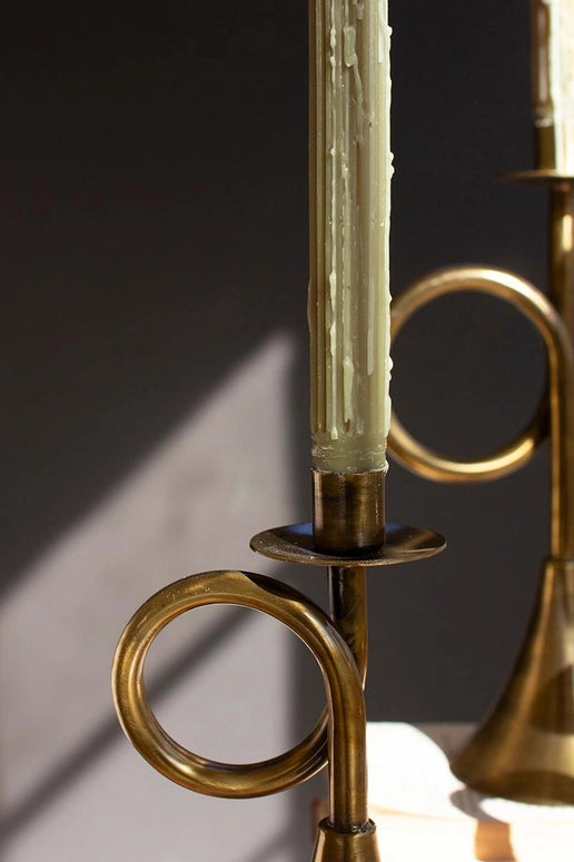Kalalou Set of Three Antique Brass Trumpet Taper Candle Holders
