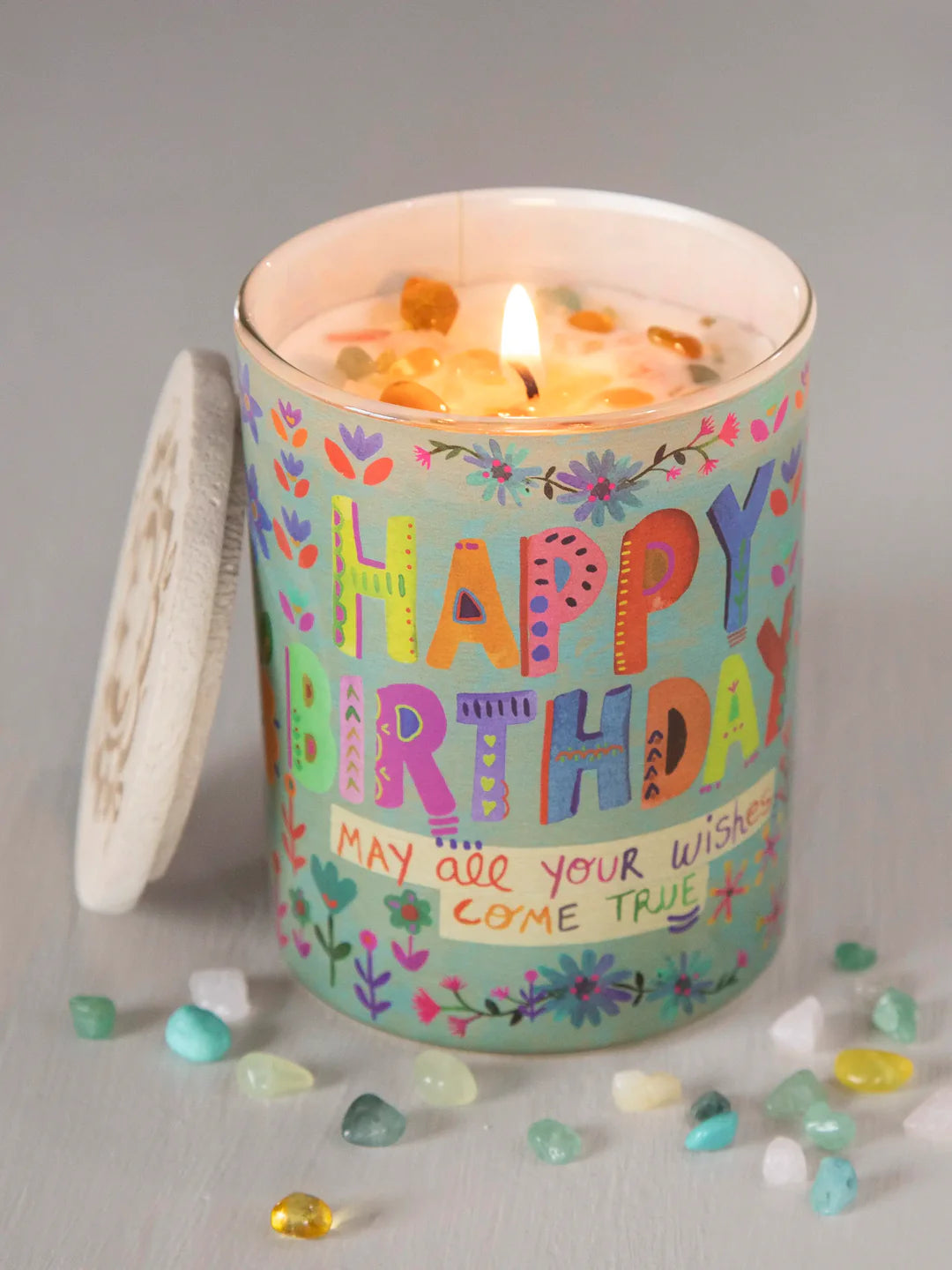 Natural Life Gemstone Candle-Dusty Blue Happy Birthday