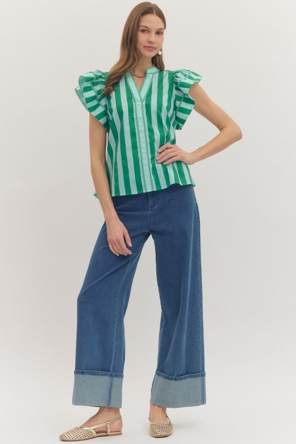 Entro Striped Flutter Sleeve Top