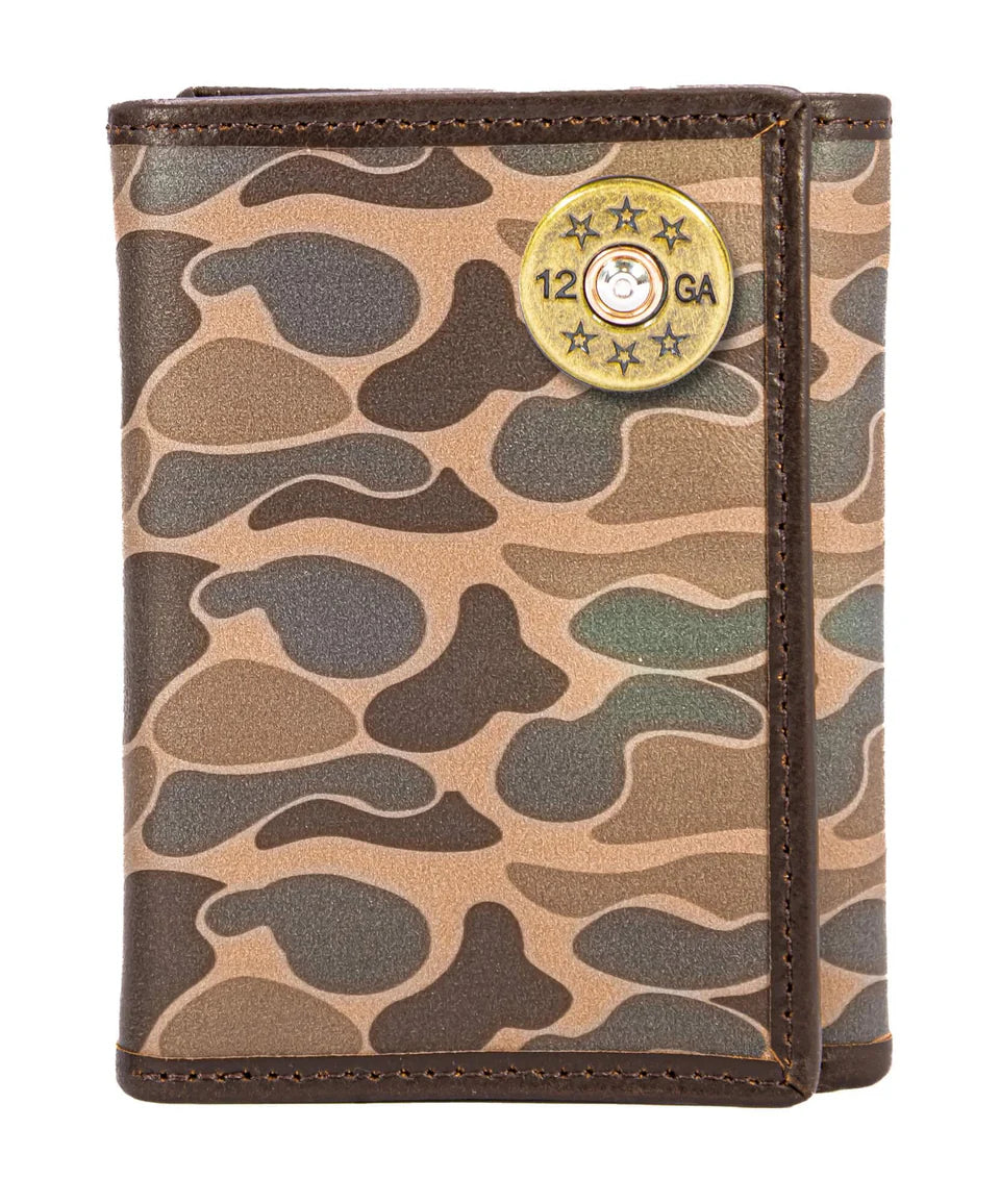 ZEP-PRO SHOTSHELL MEN'S TRIFOLD OLD SCHOOL CAMO LEATHER WALLET.-COLOR: Brown/Tan Camp