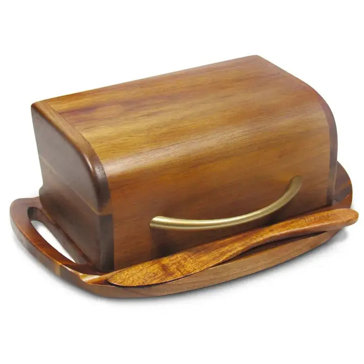 Butterie Acacia Wood Flip-Top Butter Dish w/ Spreader - Brass Handle