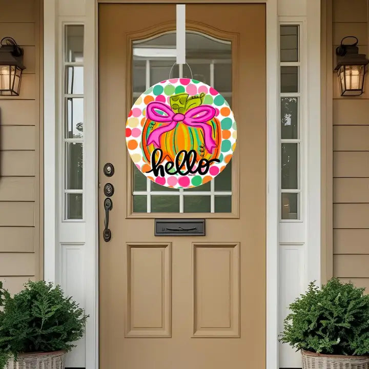 Baxter & Me Happy Dot Pink Ribbon Pumpkin Door Hanger