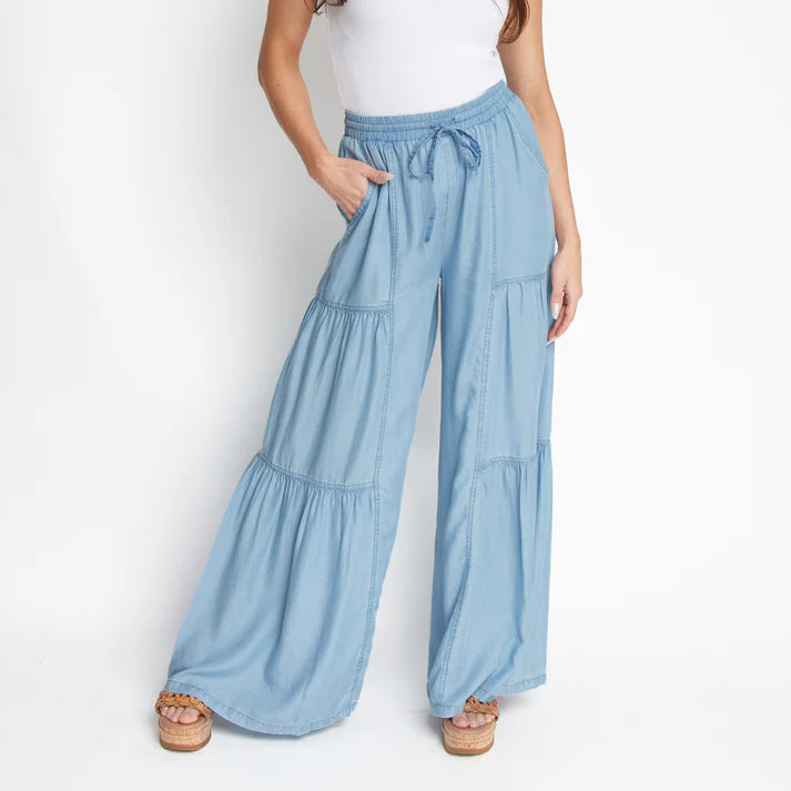 ELSIE & ZOEY  Delaney Wide Leg Tiered Drawstring Chambray Pants