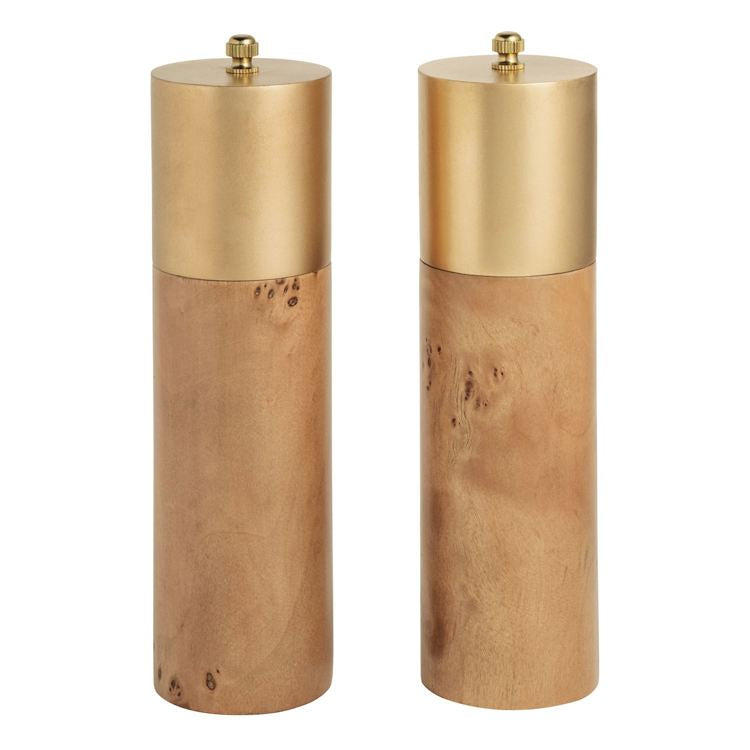 MUD PIE Burl Wood & Brass Salt & Pepper Grinder Set