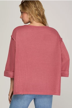 She + Sky 3/4 FOLDED SLEEVE KNIT TOP-Dusty Rose