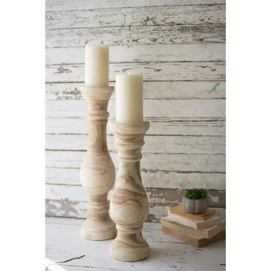 Kalalou Set of Two Hand Carved Wooden Candle Stands