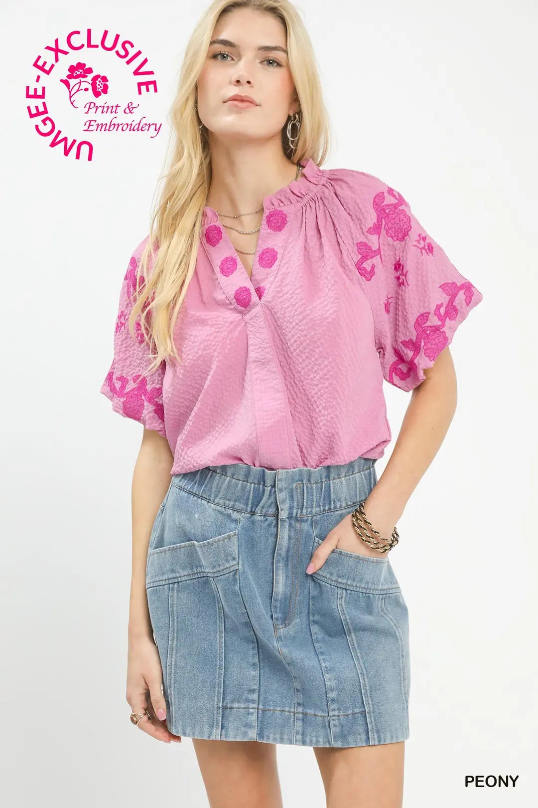 Umgee Embroidered Textured Flutter Sleeve Top-Peony