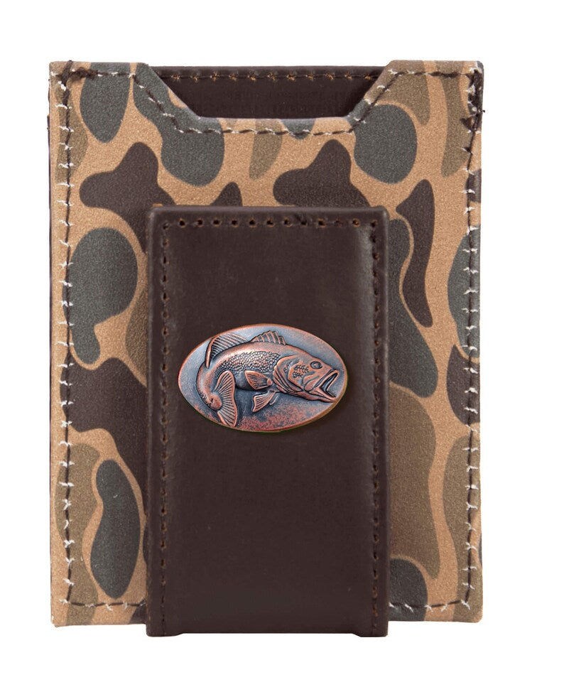 Zep-Pro Bass Men's Magnetic Front Pocket Old School Camo Leather Wallet. Brown