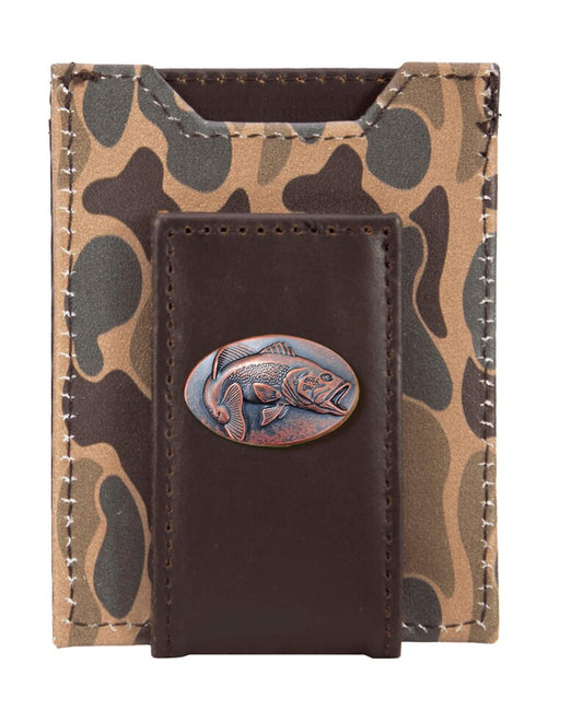 Zep-Pro Bass Men's Magnetic Front Pocket Old School Camo Leather Wallet. Brown