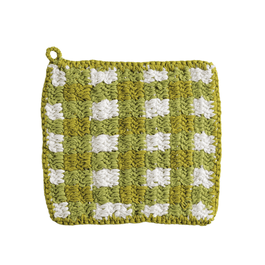 MUD PIE GREEN CHECK CROCHET POT HOLDER