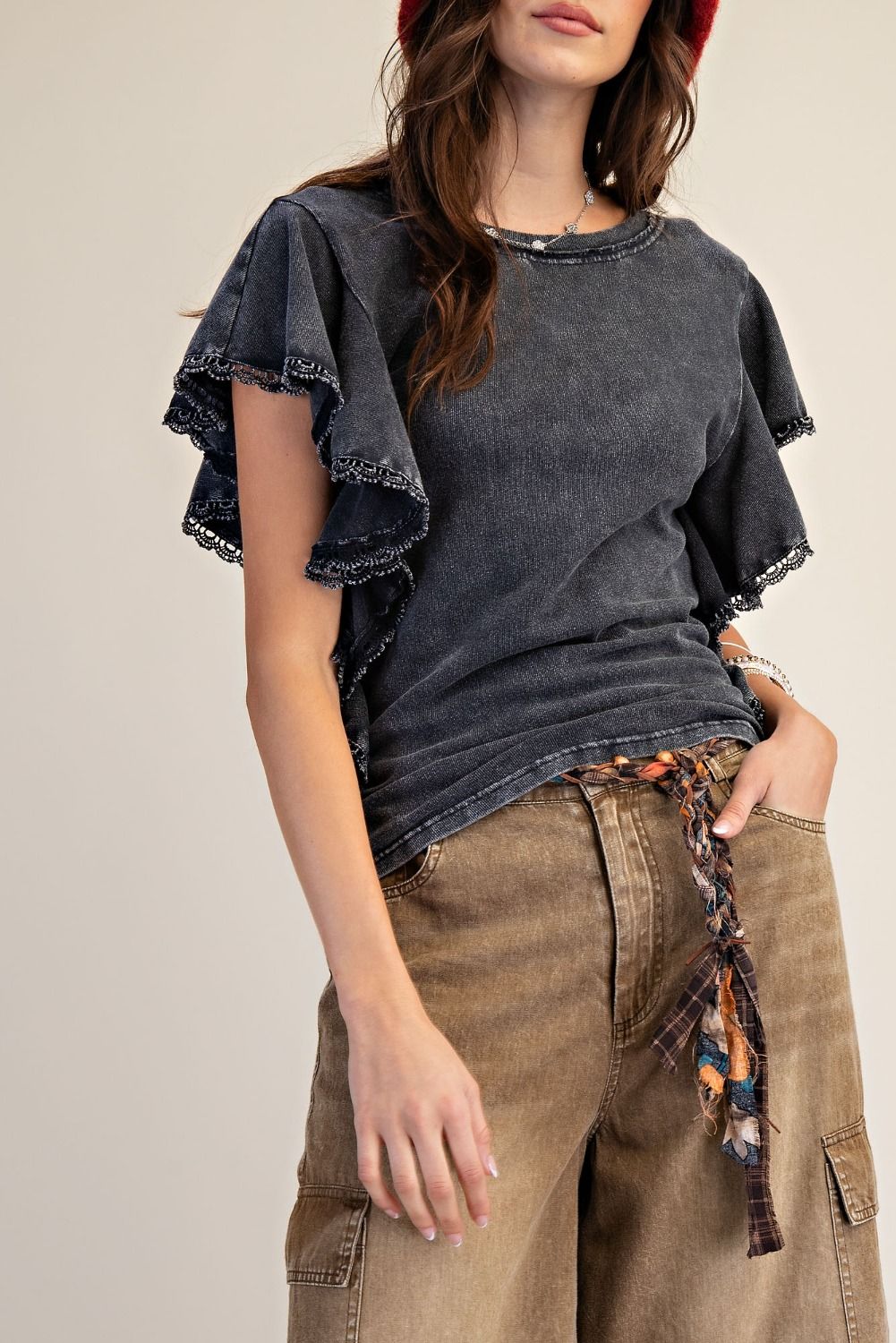 EASEL MINERAL WASHED COTTON JERSEY TOP