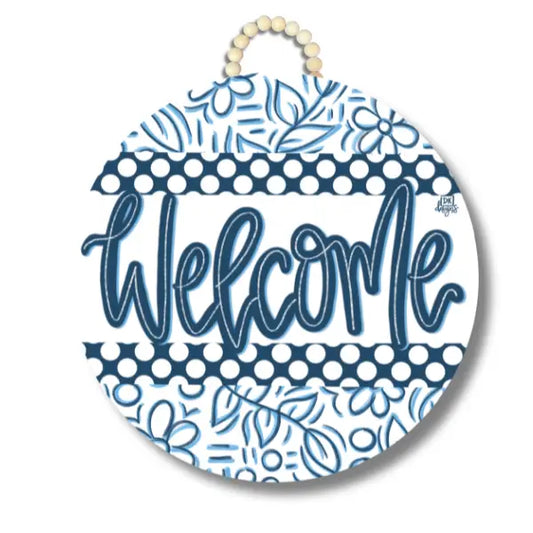 DK Designs Blue and White Circle Welcome Door Hanger