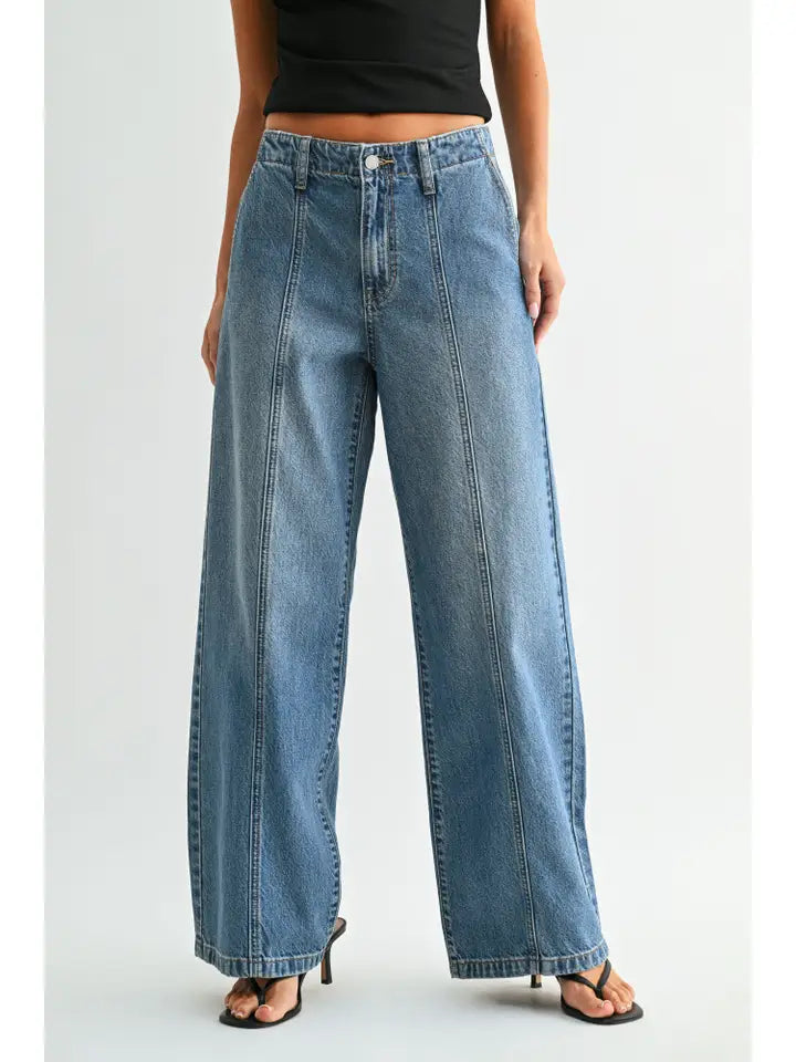 JBD No Pocket Seamed Trouser Wide Leg - Medium Denim