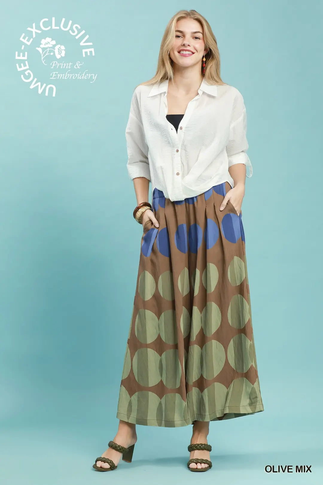 Umgee Oversized Dot Print Wide Leg Pants