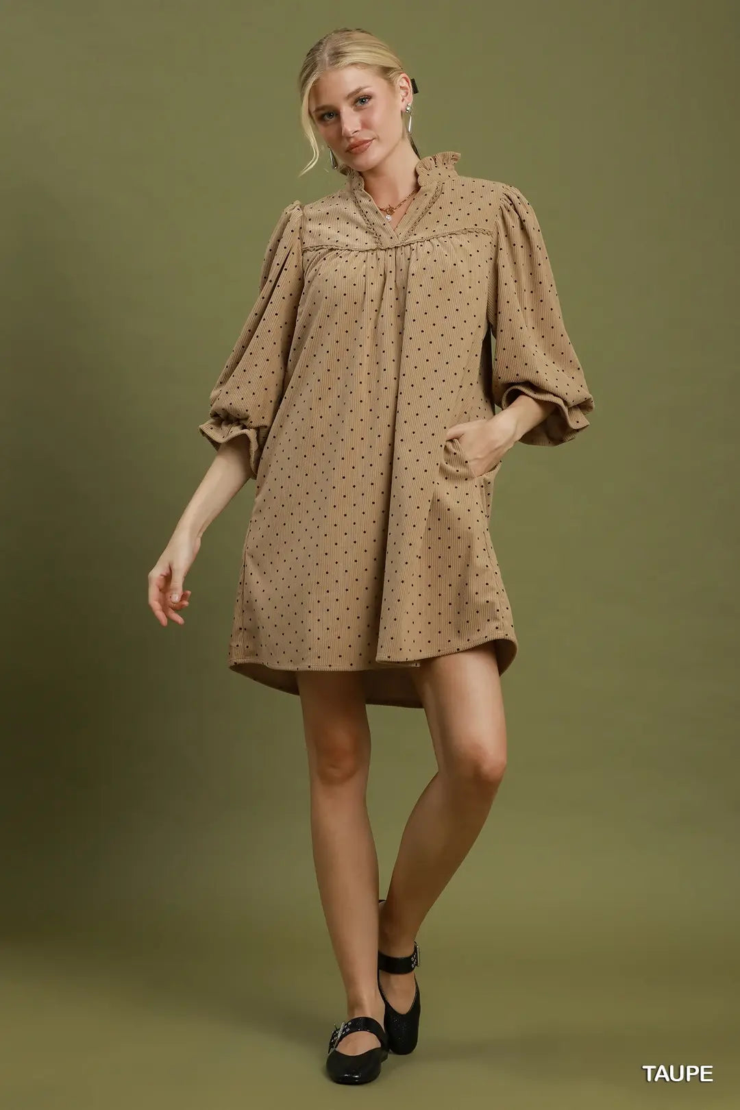 Umgee Swiss Dot Ruffle Neck Babydoll Dress