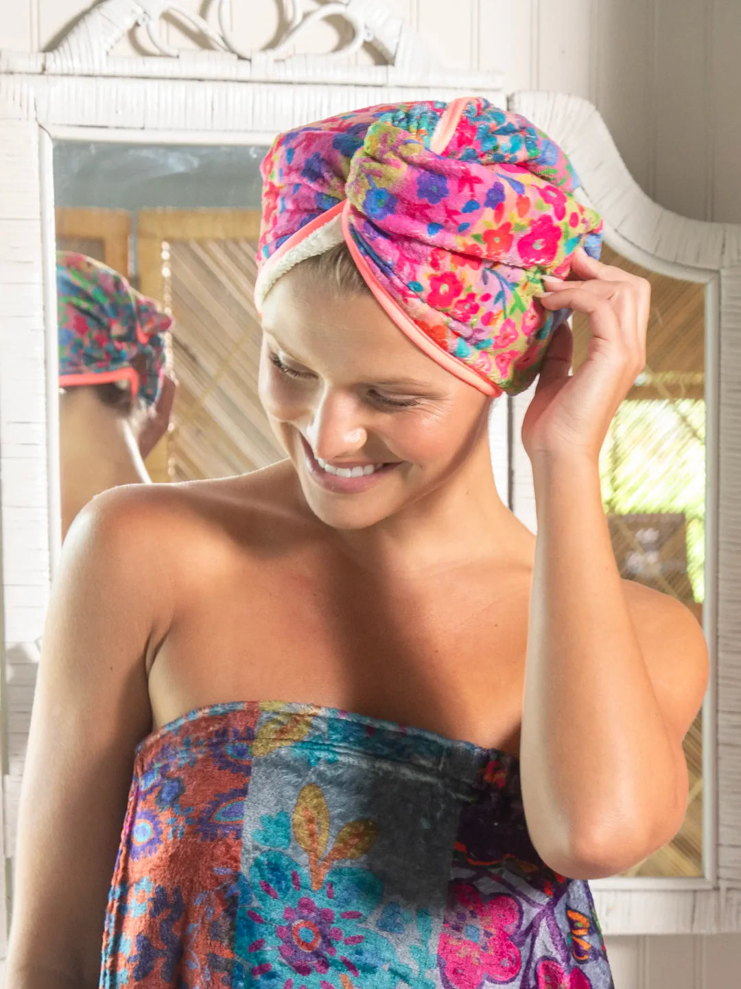 Natural Life Microfiber Hair Towel Wrap-Rainbow Floral Rows