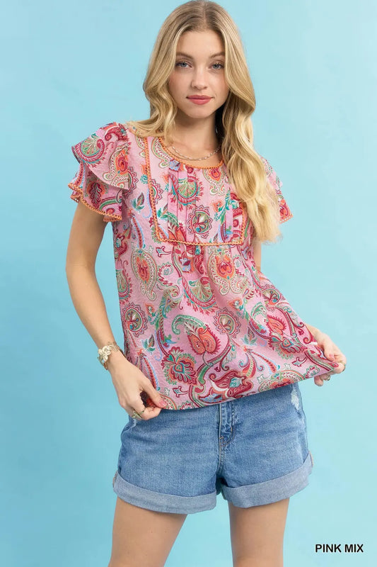 Umgee Mix Paisley Ruffle Sleeve Top-Pink Mix