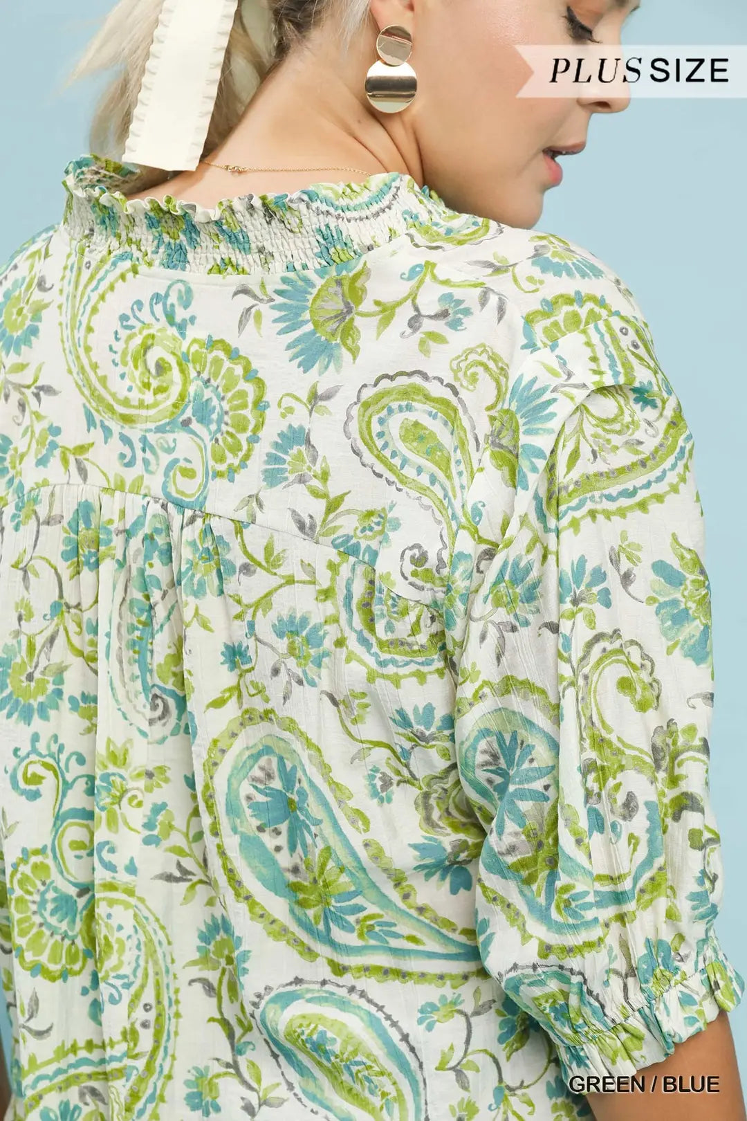 Umgee Smocked V-Neck Paisley Top-Green/Blue