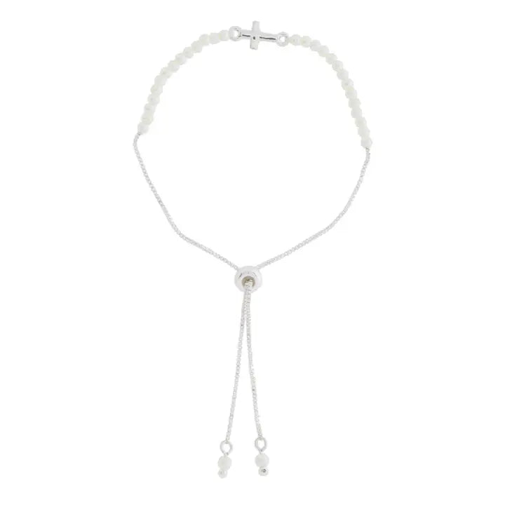 Jane Marie Kids 18K White Gold Plated Silver Pearl & Cross Bracelet