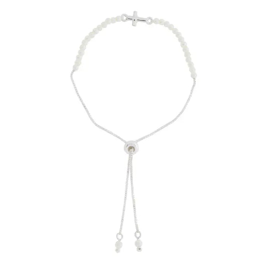 Jane Marie Kids 18K White Gold Plated Silver Pearl & Cross Bracelet