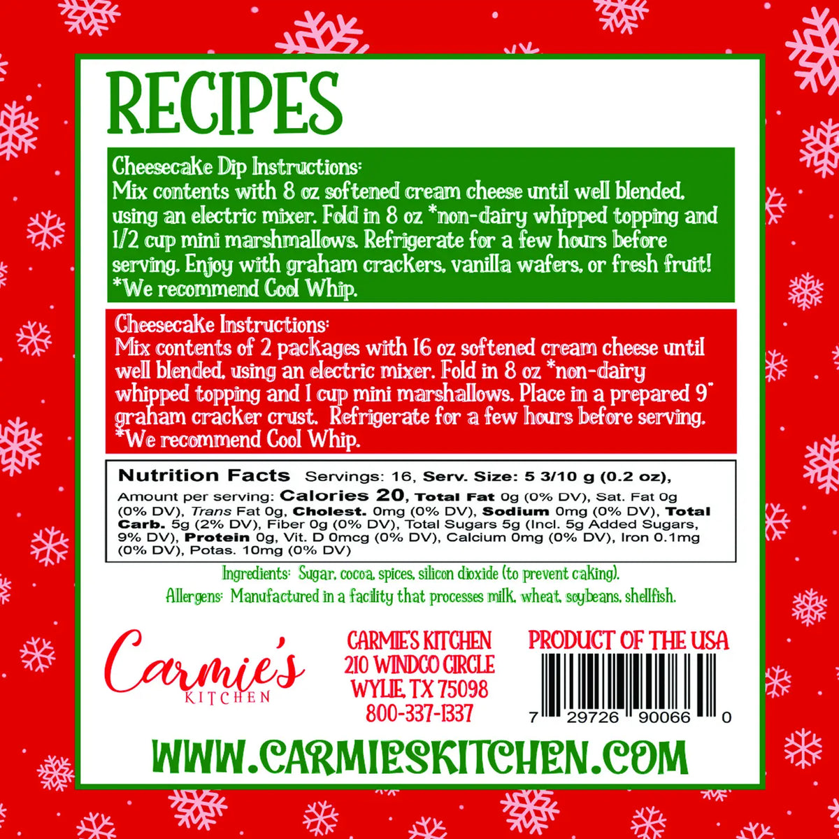 Carmie's Kitchen Ho Ho Hot Cocoa Cheesecake Dip Mix - Holiday Collection