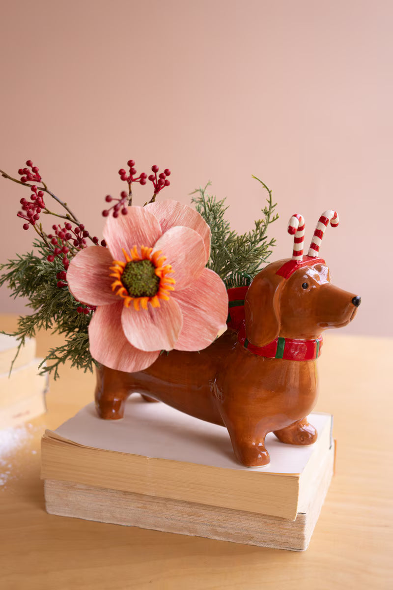 Kalalou Ceramic Christmas Dachshund Planter with a Candy Cane Headband