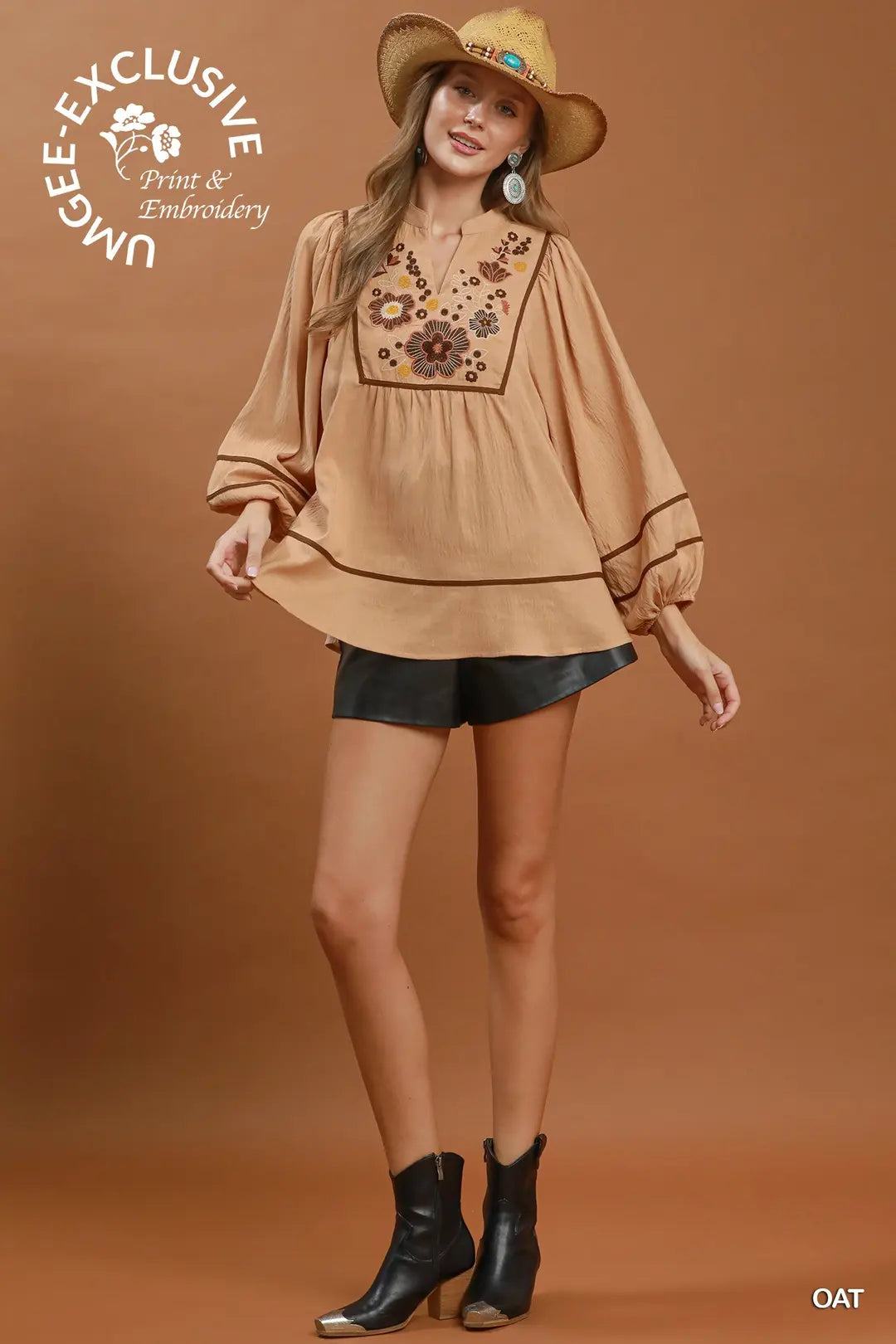Umgee Floral Embroidered Split Neck Babydoll Blouse-Oat