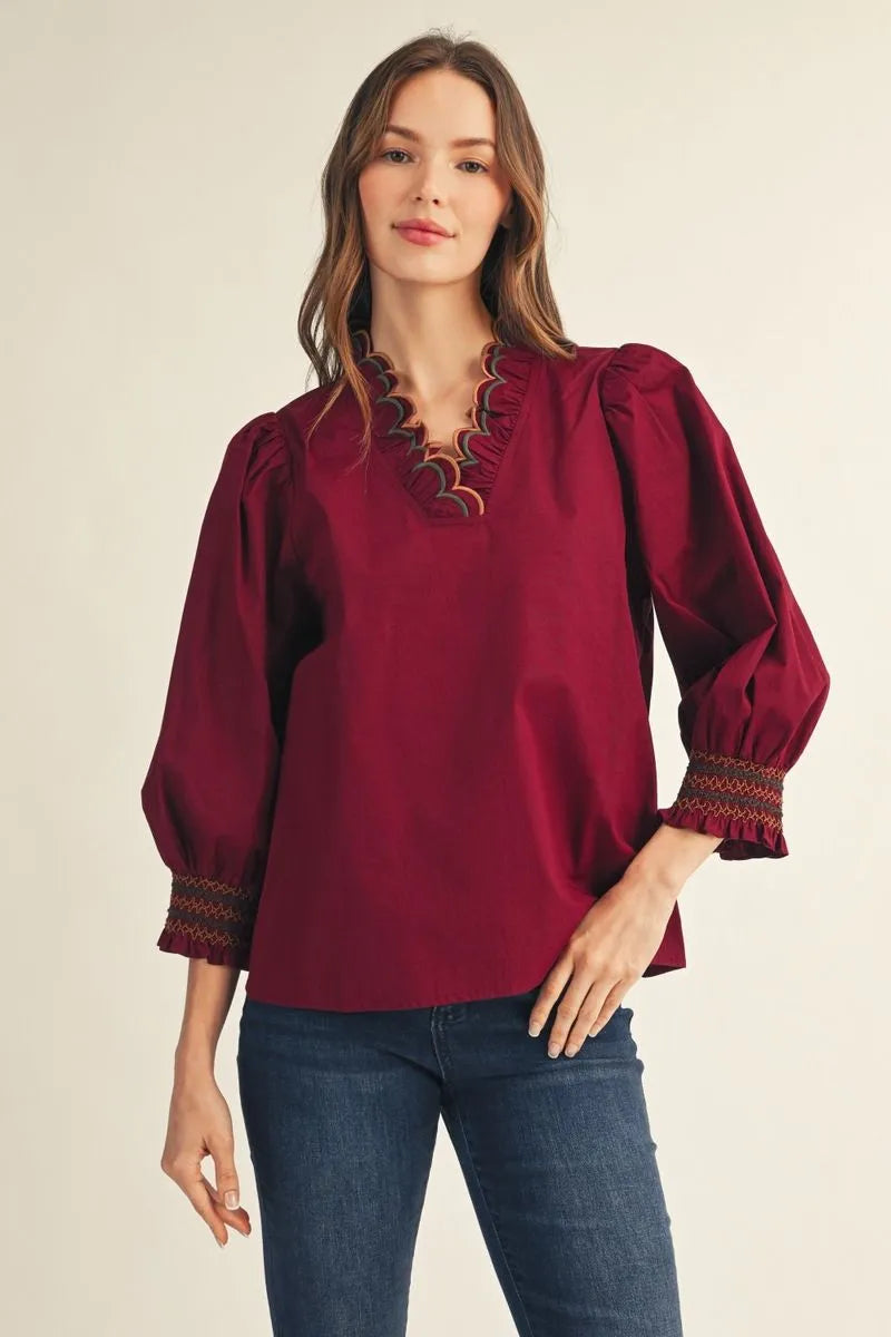 Jodifl 3/4 Puff Sleeves V Neck Solid Top