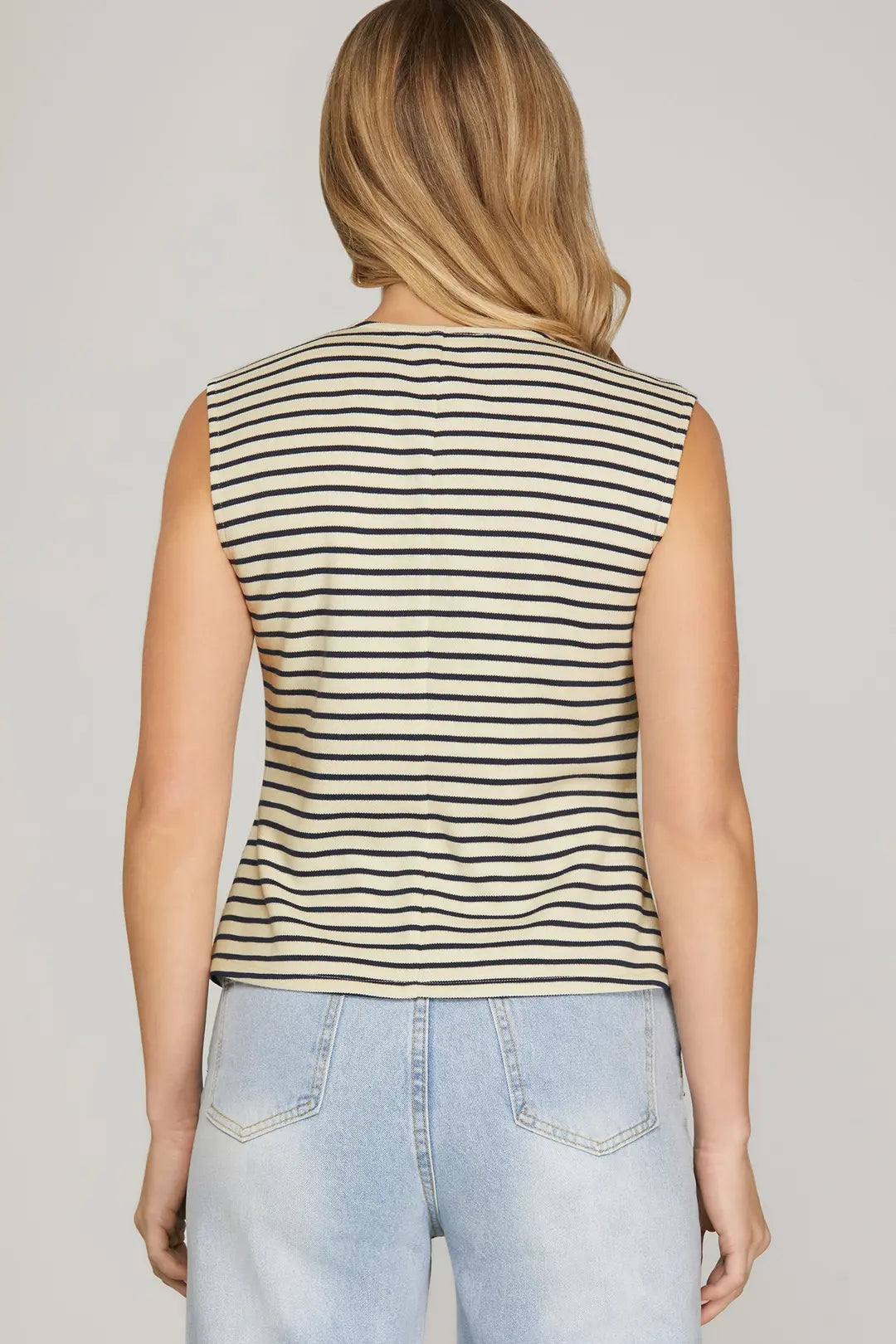 SHE + SKY SLEEVELESS GOLD BUTTON STRIPED KNIT VEST-NAVY
