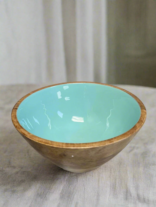 Bzaar Medium Acacia Wood and Enamel Serving Bowl-Horizon Blue