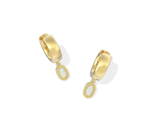 KENDRA SCOTT MINI ELLIE WIDE HUGGIE EARRINGS GOLD BRIGHT WHITE LAB GROWN OPAL