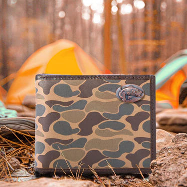 ZEP-PRO BASS MEN'S BIFOLD OLD SCHOOL CAMO LEATHER WALLET.-COLOR: Brown/Tan Camo