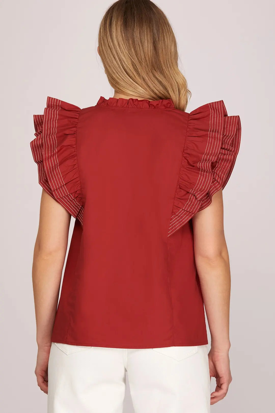 SHE + SKY RUFFLE SLEEVE STITCH DETAIL GAME DAY WOVEN TOP