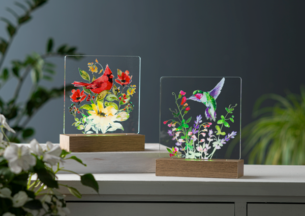 LED Light Up Cardinal & Hummingbird w/Flowers Tabletop Figurines