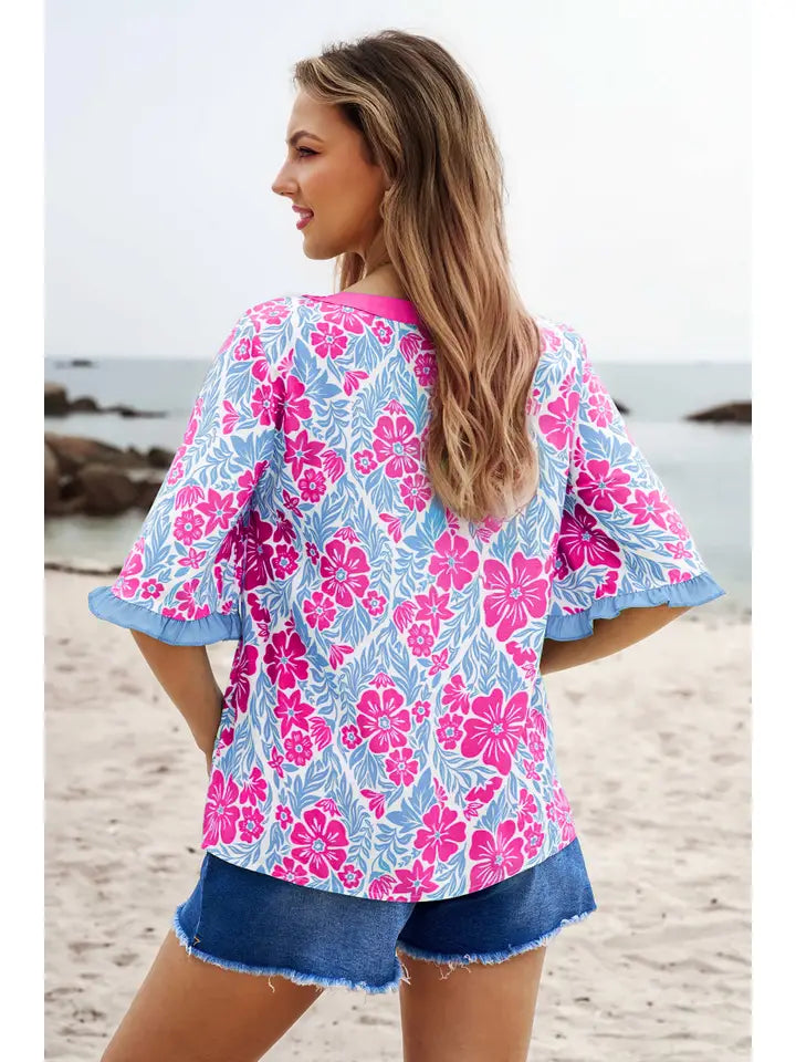 Floral Printed Lace Decorative Shorts Sleeve Top-Rose