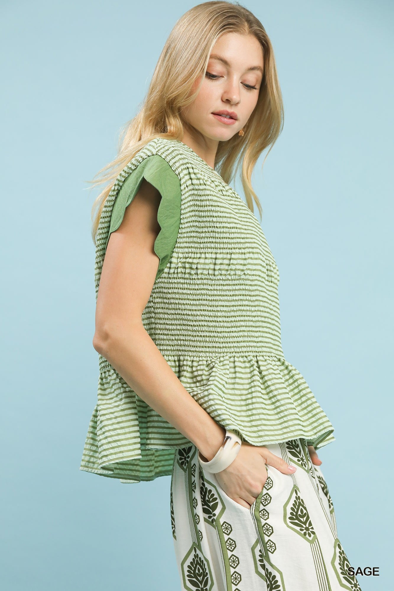 Umgee Stripe Ruffle Sleeve Peplum Top-Sage