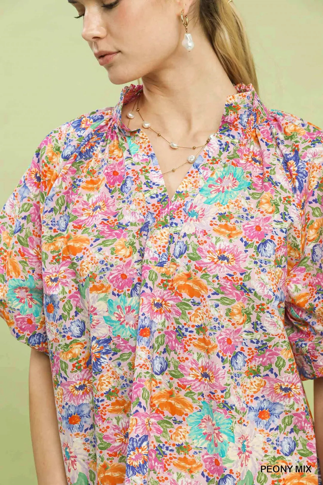 Umgee Mix Floral Short Sleeve Button-Front Top