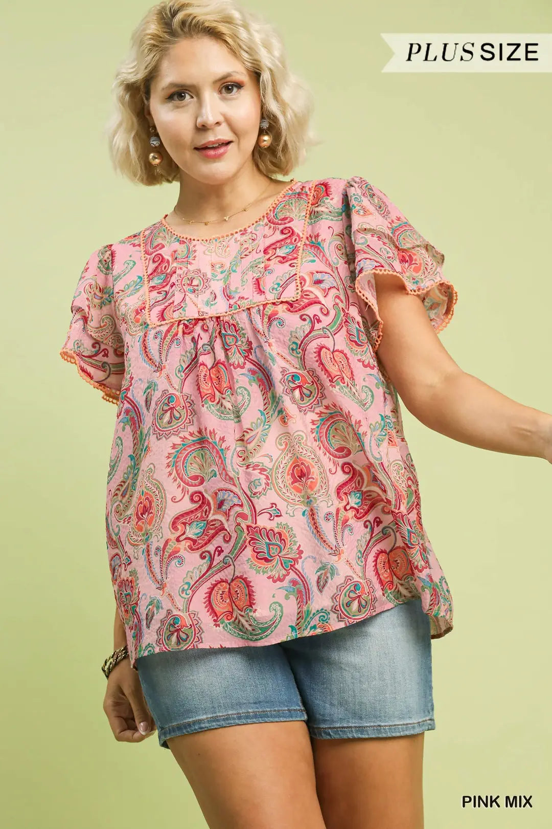 Umgee Mix Paisley Ruffle Sleeve Top-Pink Mix