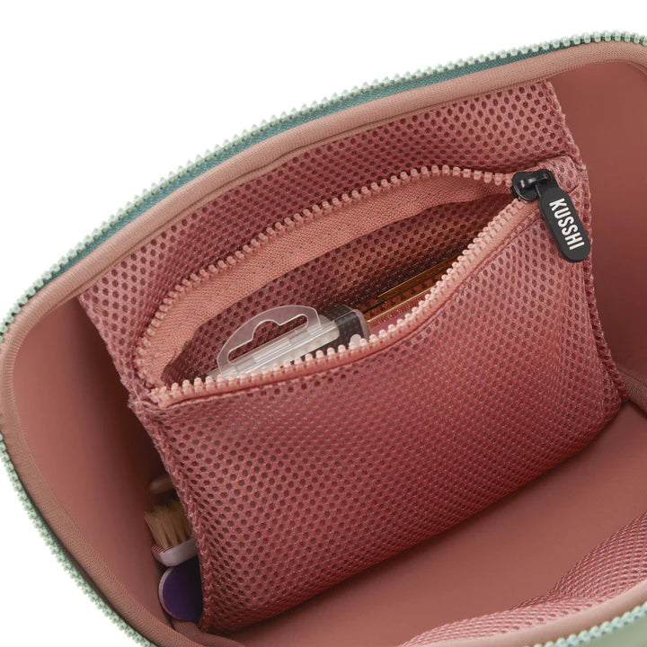 Kusshi Neoprene Makeup Bag-Sage with Coral Rose Interior