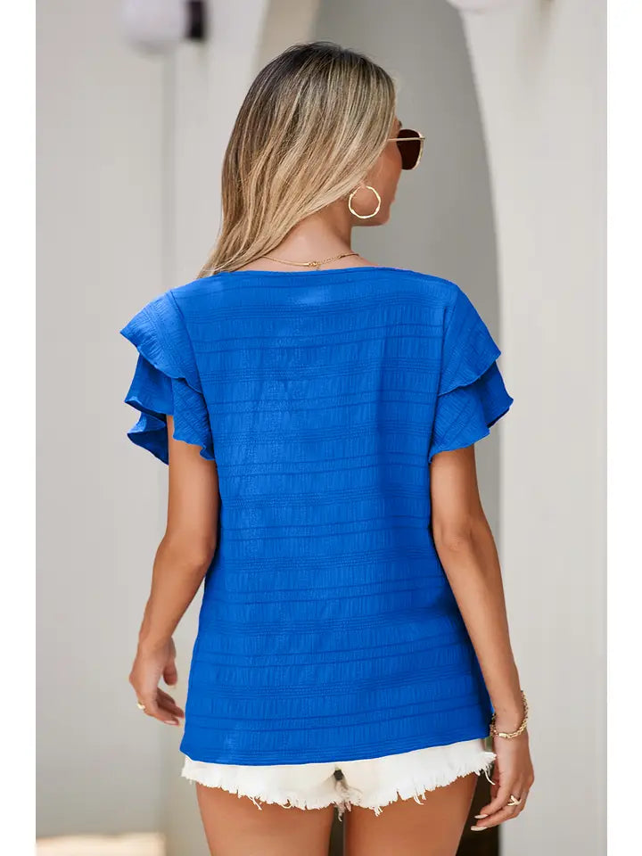Textured Ruffled Sleeve Round Neck Top