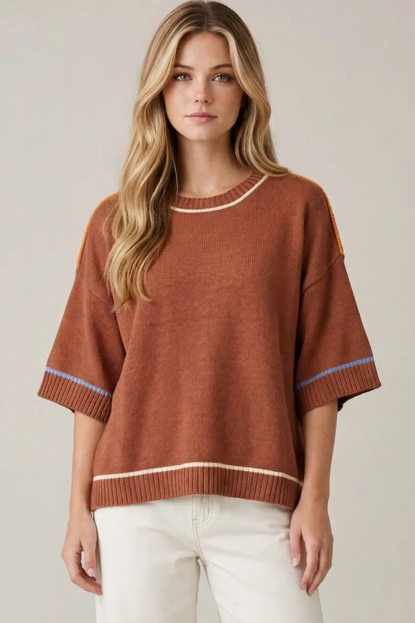 SHE + SKY 1/2 SLEEVE CONTRAST LINED SWEATER