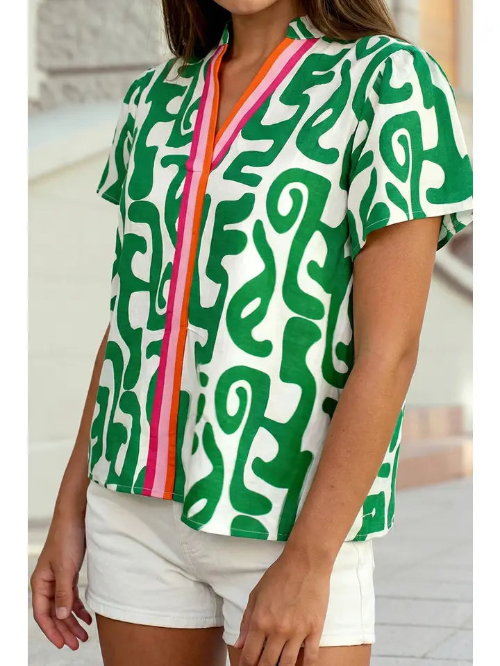 Abstract Print Striped Trim V Neck Short Sleeve Blouse