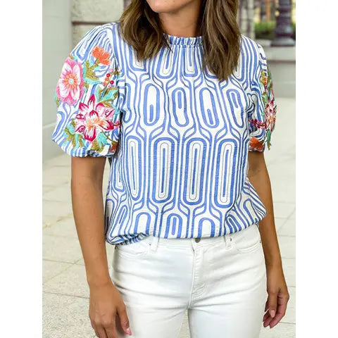 Abstract Embroidered Floral Sleeve Top