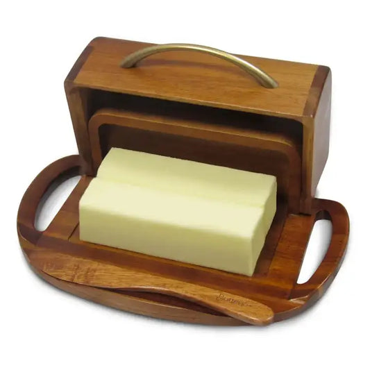 Butterie Acacia Wood Flip-Top Butter Dish w/ Spreader - Brass Handle