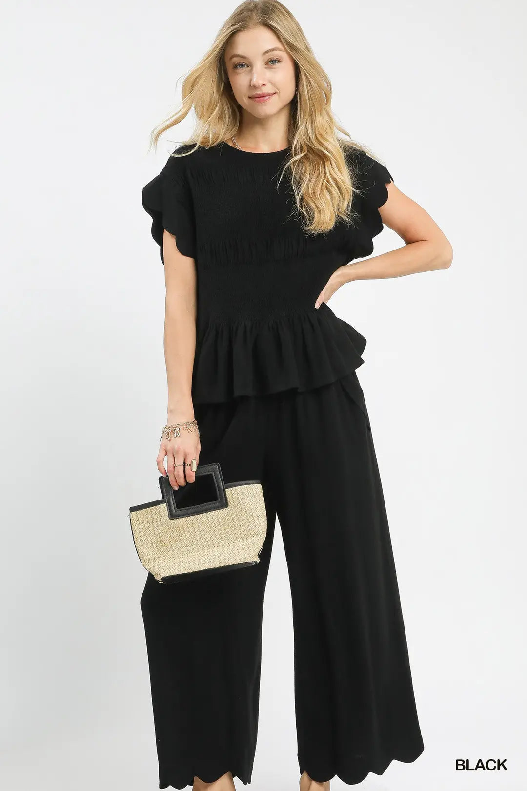 Umgee Linen Blend Smocked Peplum Top-Black