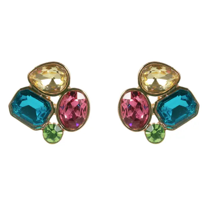Jane Marie Gold Yellow, Blue, Pink, Green Crystal Cluster Earring