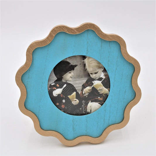 Trade Cie 7.25x1x7.25" Wood Scalloped Photo Frame, Turq Gold, 3.5" Opening