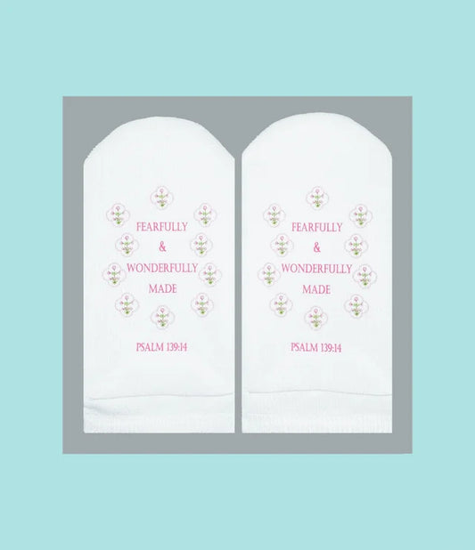 Standing on the Word Socks Flowers with verse: Psalms 139:14 Fearfully & wonderfully made