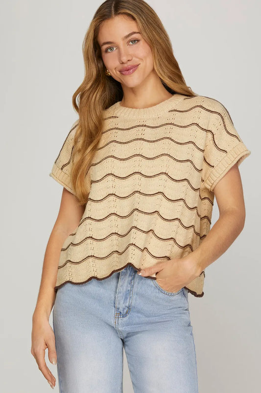 SHE + SKY DROP SHORT SLEEVE SCALLOP STRIPED PATTERN KNIT SWEATER TOP