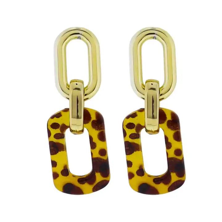 Jane Marie Gold Gold Oval, Gold Link, Spotted Cheetah Resin Open Rectangle